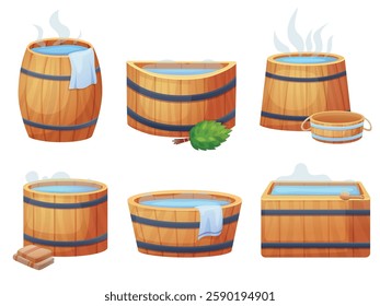 Wooden bathtub. Spa wood tubs, asian hot spring, public sauna equipment. Wellness baths for relax, beauty procedures, nowaday vector clipart