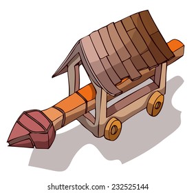 Wooden Battering Ram Perspective View, with a Shadow underneath, Vector Illustration isolated on White Background, Outlines and Color on separate Layers. 