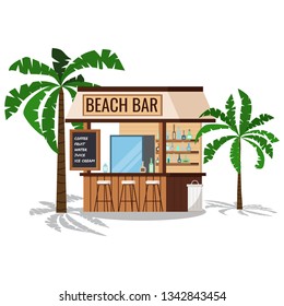 Wooden beach bar with palms tree, chair, trashcan with shadows isolated on white background. Summer restaurant with friger selling cold alcohol drinks, water. Vector cartoon flat style illustration..
