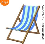 Wooden beach blue striped deck chair isolated on white. Cartoon, vector, flat style