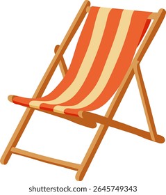A wooden beach chair with a striped blanket. The chair is open and ready for use. Concept of relaxation and leisure, as the chair is set up for someone to sit and enjoy the beach