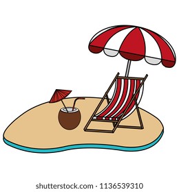 wooden beach chair with umbrella and coconut cocktail