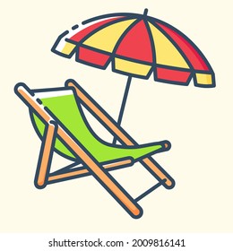 Wooden beach chaise lounge with umbrella colored icon. Concept of travel, summer vacation and rest. Vector stylish outline flat illustrations on yellow background.