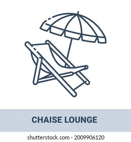 Wooden beach chaise lounge with umbrella outline monochrome icon with title. Concept of travel, summer vacation and rest. Vector monochrome illustrations isolated on white background.