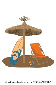 wooden beach chaise with wooden umbrella surfboard and beach ball vector illustration EPS 10