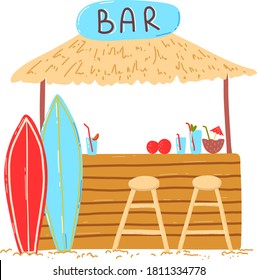 Wooden beach holiday home, lettering bar on bungalow, cocktails and refreshing drinks, design cartoon style vector illustration, isolated on white. Surfboards on ocean near hut, sunny tropics island.