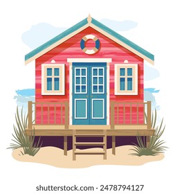 Wooden beach house with stairs on the sandy shore. Red vintage beach cottage burnt out in the bright sun. Front view. Lifebuoy. Illustrated vector clipart.