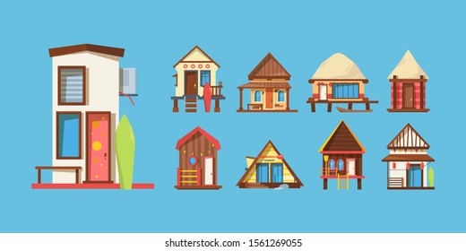 Wooden beach houses flat vector illustrations set. Traditional exotic bungalows isolated cliparts color pack on blue background. Tropic resort buildings. Summertime, vacation elements collection