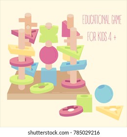 Wooden beads and colour pieces on rotating pegs game. Educational learning toy for kids 4 and above age. Stack of intelligence blocks on five columns. Vector illustration