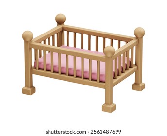 Wooden bed for baby illustration icon 3d. Baby crib icon 3d render