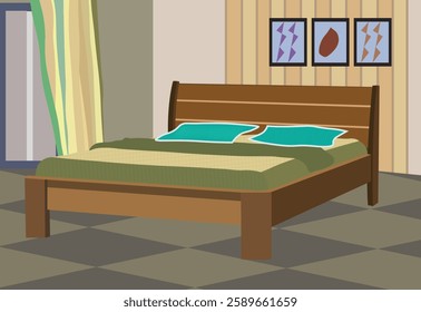 Wooden bed in cozy bedroom interior with pillows, blankets, curtains, and wall decorations vector illustration