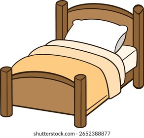 Wooden bed with cream colored blanket collage on transparent background