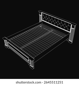 A wooden bed frame with a decorative headboard, rendered in realistic 3D against a sleek black background. The detailed model showcases clean lines and a modern aesthetic, perfect for interior design.