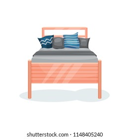 Wooden bed with gray blanket and pillows, bedroom furniture, interior design element vector Illustration on a white background