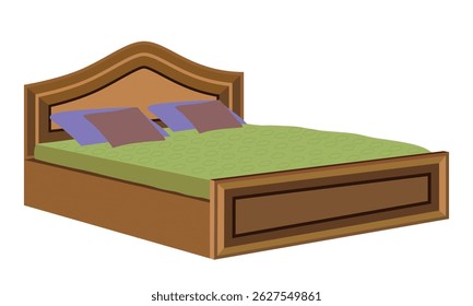 Wooden bed with green bedding and purple pillows for bedroom furniture