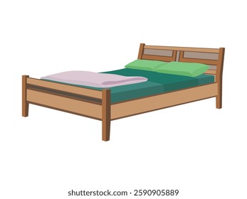 Wooden bed with green pillows and blanket in a cozy bedroom setting, vector illustration