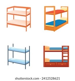 Wooden bed icons set cartoon vector. Two tier bed with mattress and pillow. Children room furniture