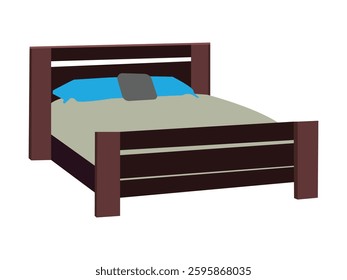 Wooden bed illustration with blue pillow and green blanket, cozy bedroom furniture design