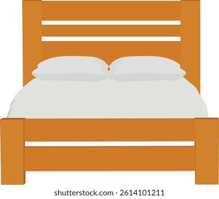 Wooden bed Illustration front view.Double bed front view isolated on white background