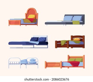 Wooden bed. Interior furniture bedding colorful mattress for relaxing garish vector flat illustrations