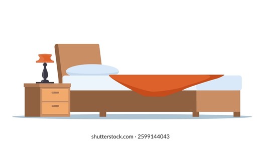Wooden bed for one person with a pillow and a blanket in a flat style. Bed with bedding and bedside lamps. Modern furniture.
