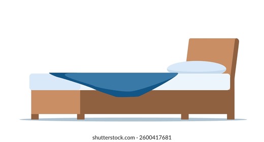 Wooden bed for one person with a pillow and a blanket in a flat style.