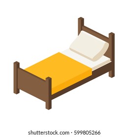 Wooden bed for one person with a pillow and a blanket in a flat style. vector illustration isolated on white background in isometric