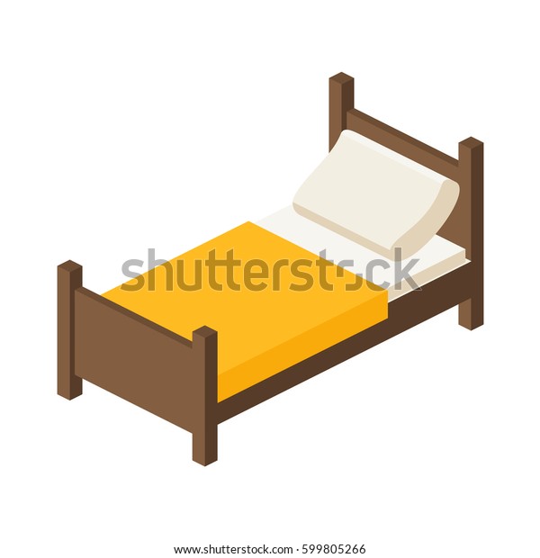 枕と毛布を平らにした1人用の木製ベッド アイソメトリックで白い背景にベクターイラスト のベクター画像素材 ロイヤリティフリー