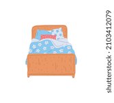 Wooden bed with pillows and cute bedclothes, flat cartoon vector illustration isolated on white background. Bed the furniture for night sleep and bedroom.