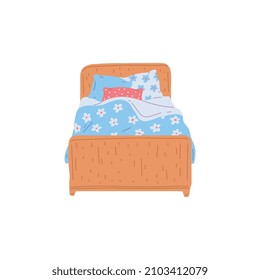 Wooden bed with pillows and cute bedclothes, flat cartoon vector illustration isolated on white background. Bed the furniture for night sleep and bedroom.