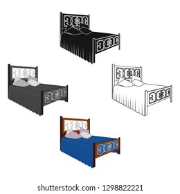 Wooden bed for teenager with graffiti on the back.Bed with blue linens.Bed single icon in cartoon style vector symbol stock illustration.