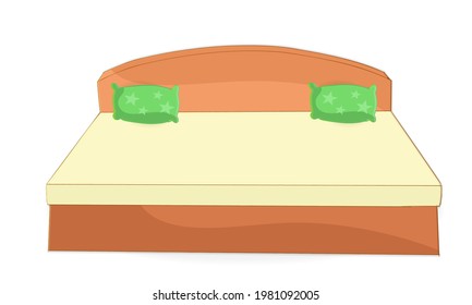 Wooden bed for Two person with Two pillow t in a flat style. 2D vector illustration isolated on white background Front style, 2D Bed Front View with Green Pillow