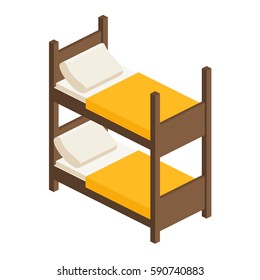 wooden bed in two tiers with a mattress, a pillow and a blanket in isometric, bunk bed in flat style, vector illustration with layers isolated on white background