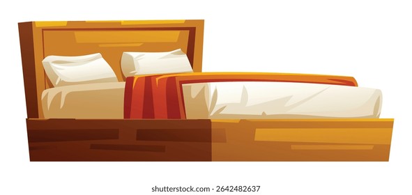 Wooden bed with a white mattress, orange blanket, and pillows for a cozy bedroom. Vector cartoon illustration
