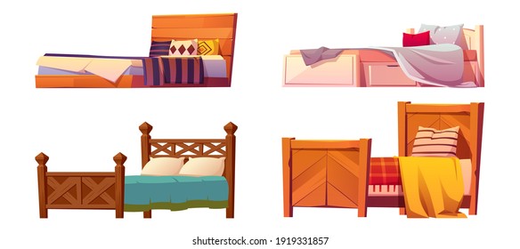 Wooden beds with blanket and pillows isolated on white background. Vector cartoon set of single and double beds, vintage wood furniture for sleep with colored linen, duvet and cushions