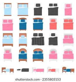 Wooden beds with blanket and pillows isolated on white background. Vector cartoon set of single and double beds, vintage wood furniture for sleep with colored linen, duvet and cushions