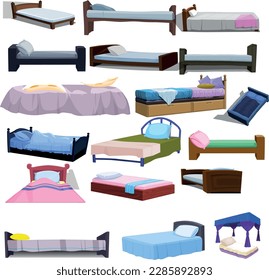 Wooden beds with different headboards cartoon vector illustration set. Collection of furniture for sleep with blankets, colored bed linen and pillows isolated on white background. Interior concept