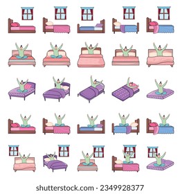 Wooden beds with different headboards cartoon vector illustration set. Collection of furniture for sleeping with blankets, colored bed linen and pillows isolated on white background. Interior concept