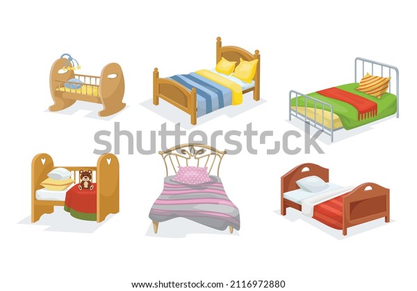 Wooden beds with different headboards cartoon\
vector illustration set. Collection of furniture for sleep with\
blankets, colored bed linen and pillows isolated on white\
background. Interior\
concept