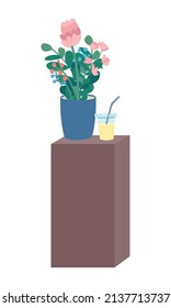 Wooden bedside with flowers and juice above semi flat color vector object. Full sized item on white. Vase with bouquet and drink simple cartoon style illustration for web graphic design and animation