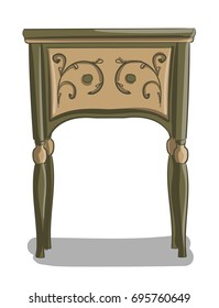 A wooden bedside table with beige and brown carved details stands on a white background eps 10 illustration
