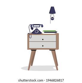 Wooden bedside table with books and a retro phone. An interior item. Design element, layout, illustration, print. Vector illustration.