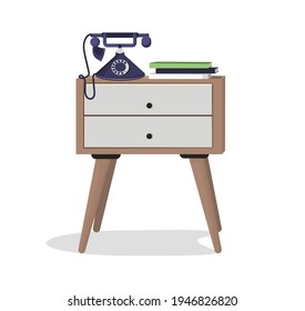 Wooden bedside table with books and a retro phone. An interior item. Design element, layout, illustration, print. Vector illustration.