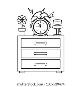 wooden bedside table clock alarm ring pot flower and lamp vector illustration outline design