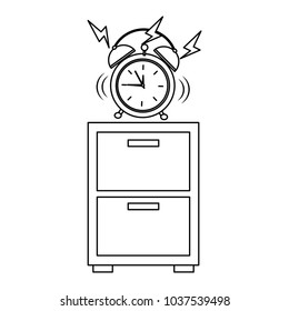 wooden bedside table clock alarm ring vector illustration outline design