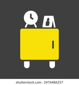 Wooden bedside table and clock alarm vector on dark background icon. Graph symbol for furniture, web site and apps design, logo, app, UI