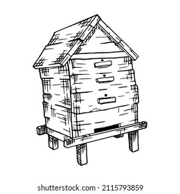Wooden bee hive hand drawn illustration in hatching style. Isolated vector.