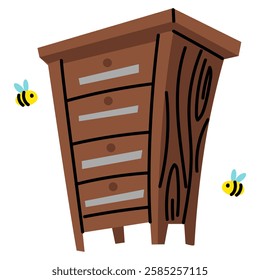 Wooden Beehive in an apiary box. apiary farm highlighted on a white. Home-made honey production. One wooden house for bees. Insects fly near the house. drawer with shelves and frames for storing honey