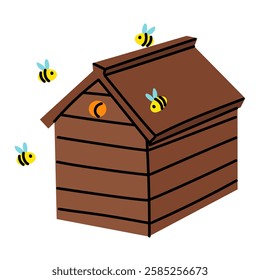 Wooden beehive in an apiary box. house with roof, highlighted on white. Home-made honey production. One wooden house for bees. Insects fly near house. drawer with shelves and frames for storing honey