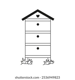 Wooden beehive, bee house. Hand drawn doodle apiary illustration.